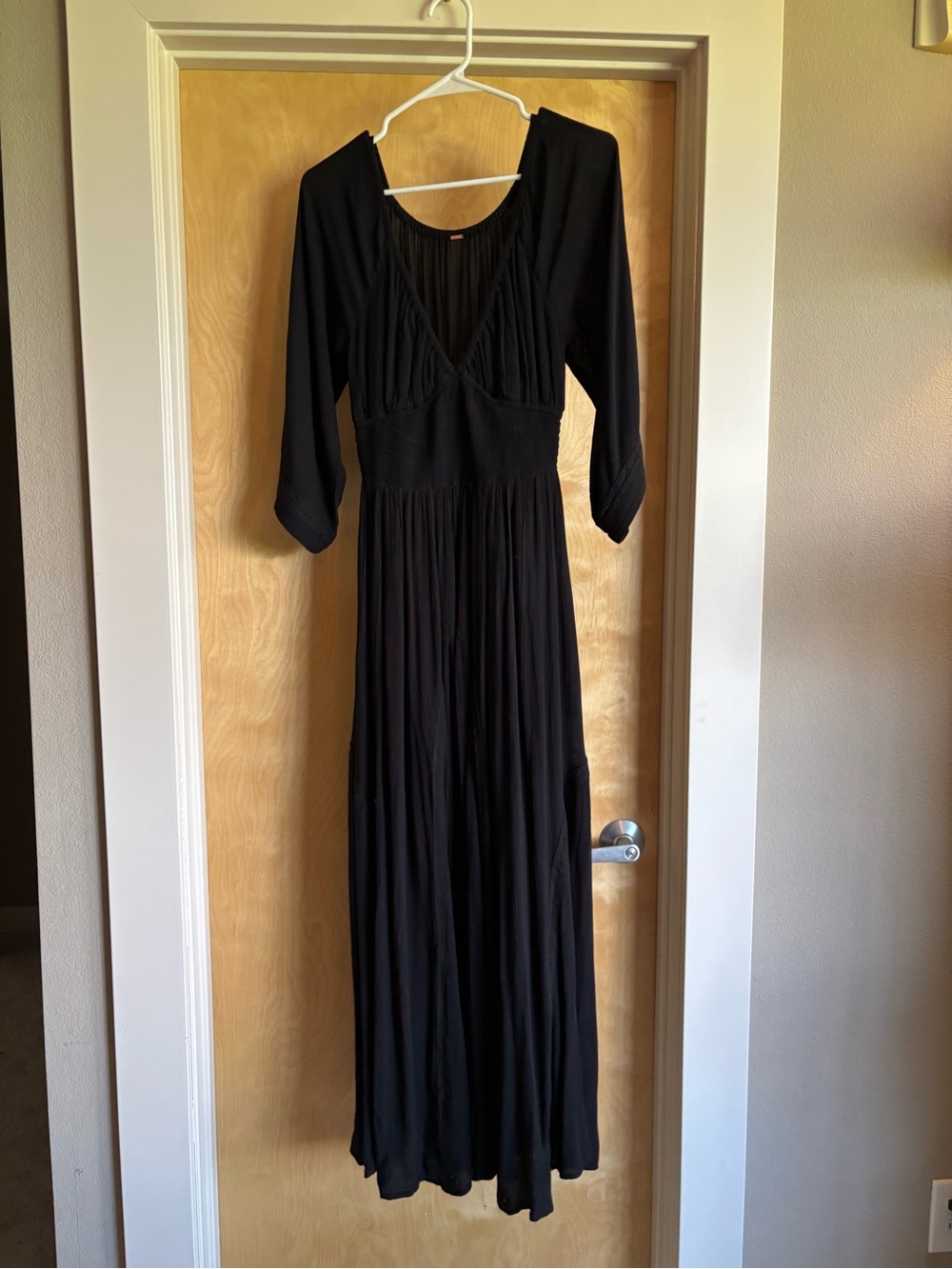Free People Dixie Maxi Dress Black Smocked V-Neck Lace Inset 3/4 Sleeve Sz S